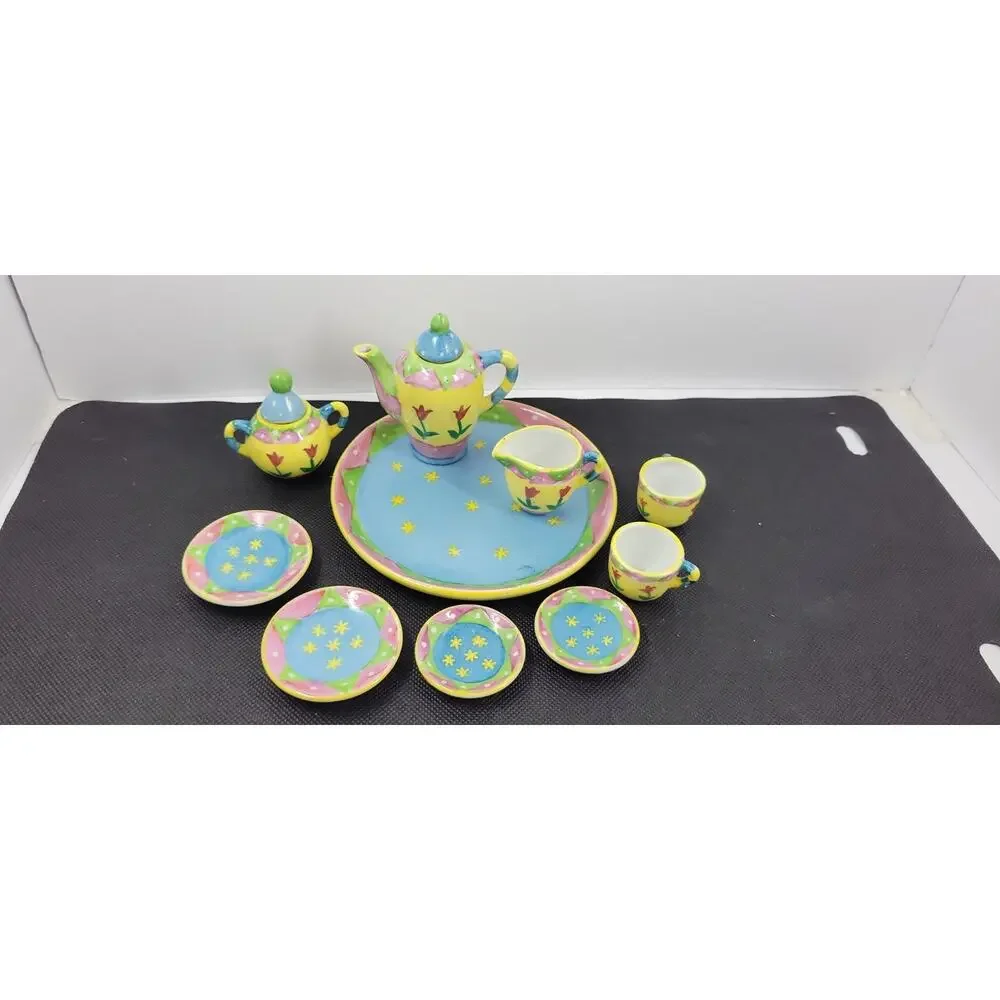 Bella Casa by Ganz Miniature Tea Set w/ Tray Hand Painted Floral Colorful